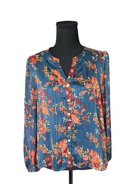 Frye Floral Boho Peasant Blouse Medium Blue Sheer Lurex Fall Cottagecore M65